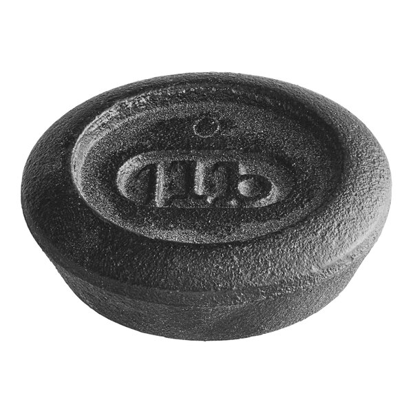 A black round cast iron counterweight for Baker's Dough Scales with a logo on it.