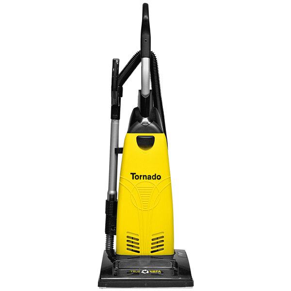 A close-up of a yellow and black Tornado upright vacuum cleaner.