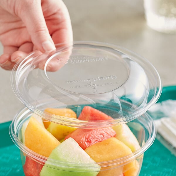 A hand holding a World Centric clear plastic container filled with fruit.