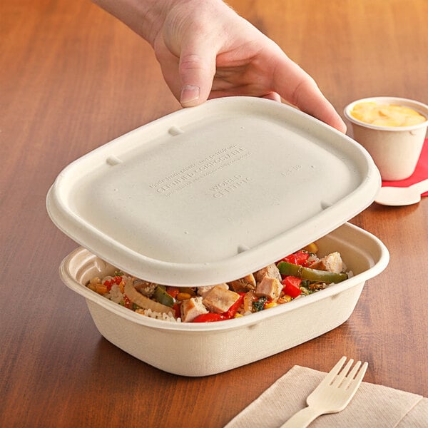 A hand holding a white World Centric food container with food inside.