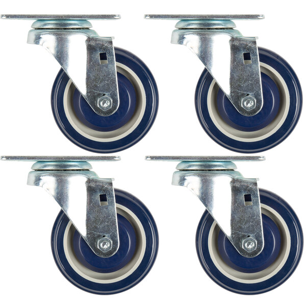 A group of four Lavex casters with wheels and metal plates.