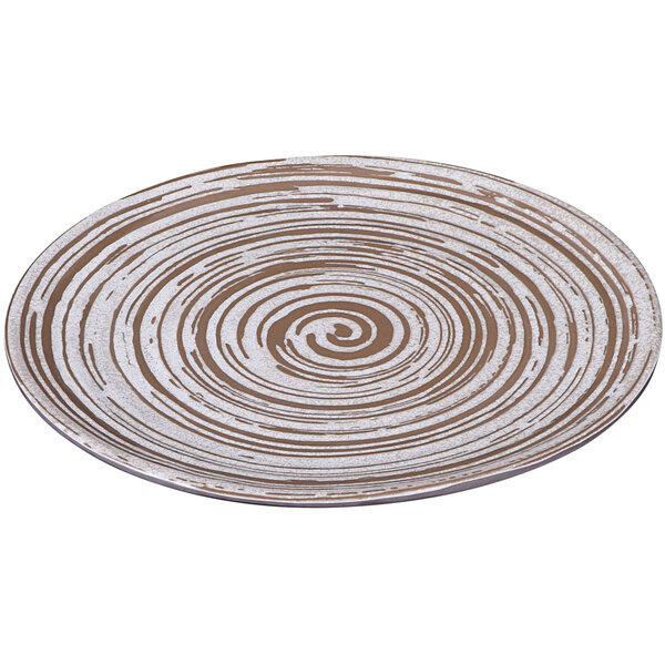 A white melamine plate with brown swirls.