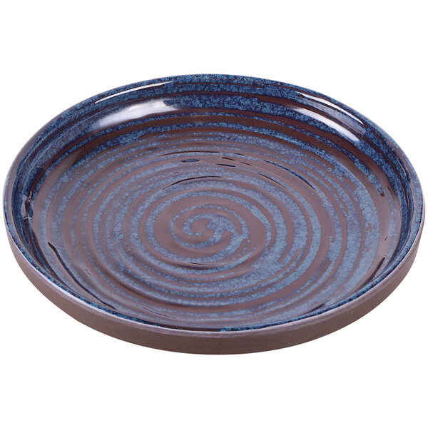 A blue and black Elite Global Solutions melamine plate with a swirl design.