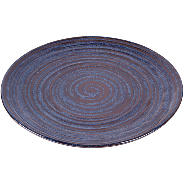 An Elite Global Solutions blue and brown melamine plate with a spiral pattern.