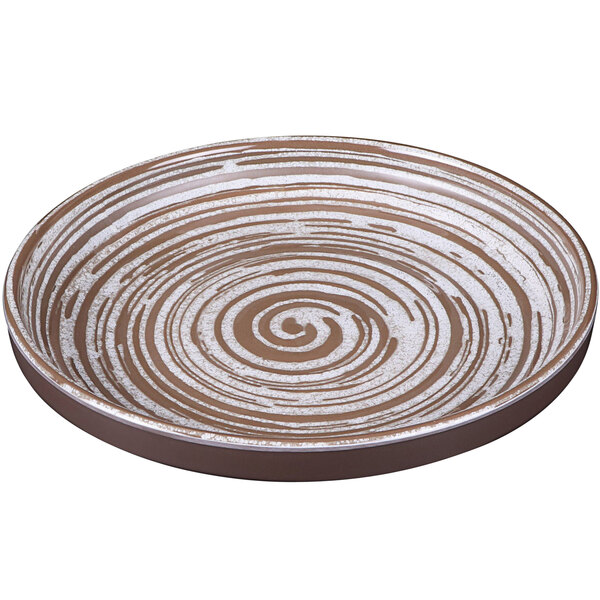 A white Elite Global Solutions melamine coupe plate with a brown swirl design.