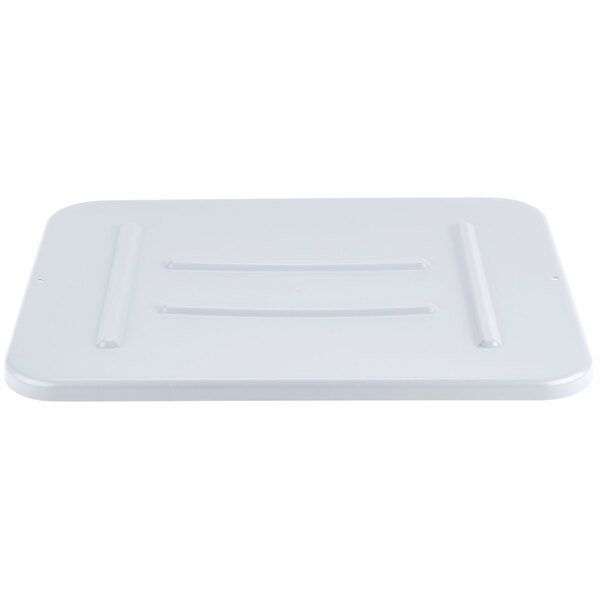 A gray rectangular Rubbermaid utility bin lid with black stripes.