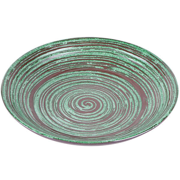 A green and brown Elite Global Solutions melamine bowl with a swirly pattern.