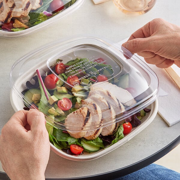 A person holding a World Centric clear plastic lid over a salad in a plastic container.
