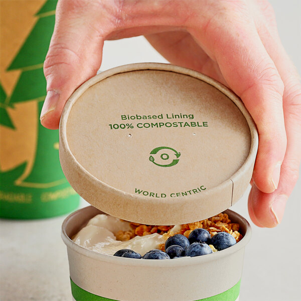 A hand holding a World Centric compostable paper container of yogurt with blueberries and granola.
