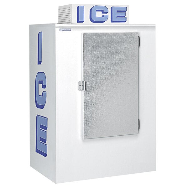A white Polar Temp ice box with a silver door and the word "ice" in blue.