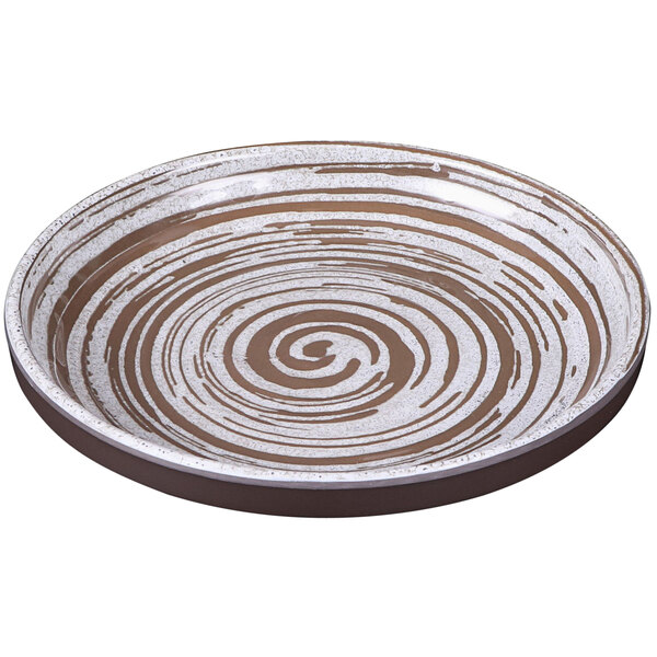 A white melamine coupe plate with a brown swirl design.