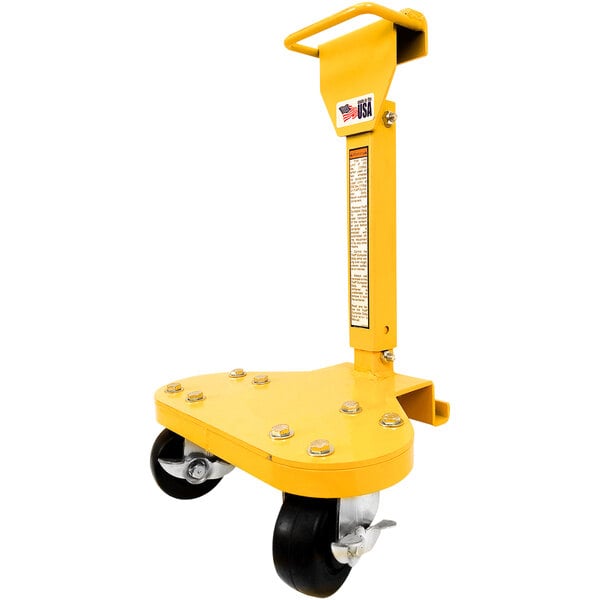 A yellow Paragon Pro Manufacturing Solutions Troll EZ Dumpster Dolly Wheel.