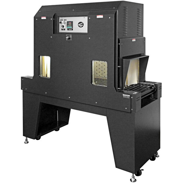A large black Sealer Sales shrink tunnel machine with a door open.