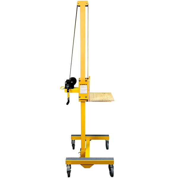 A yellow Paragon Pro Manufacturing Solutions Cabinetizer lift with a black handle.