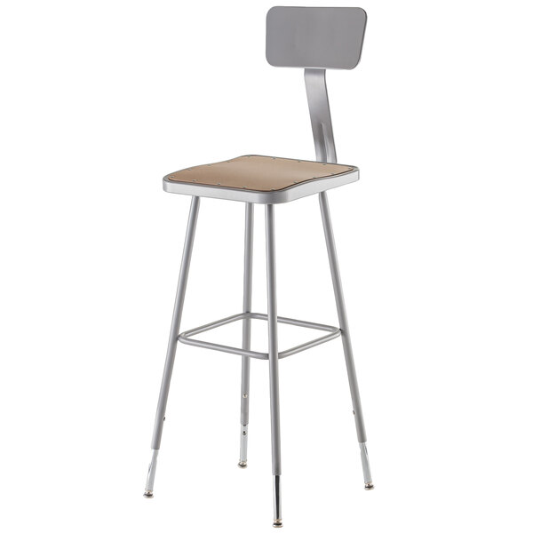 A National Public Seating gray hardboard lab stool with adjustable back.