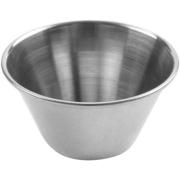 A silver stainless steel GET condiment cup.