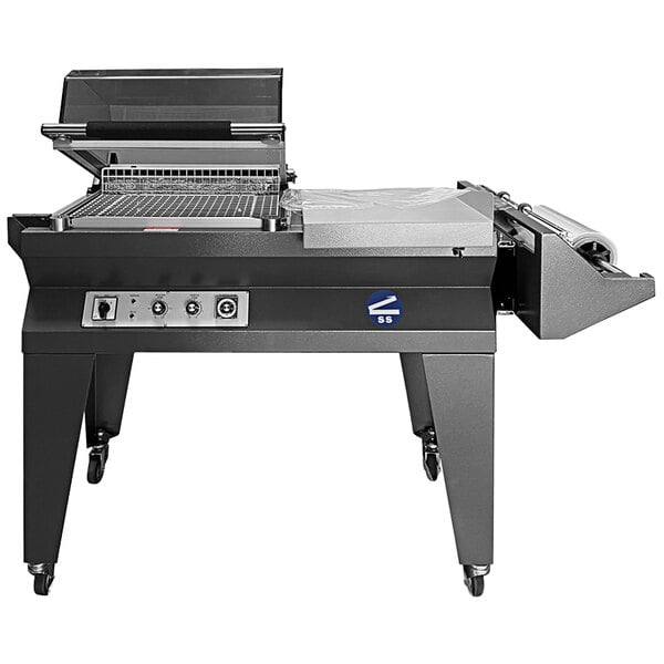 A Sealer Sales compact L-bar sealer with a hooded shrink chamber over a table.