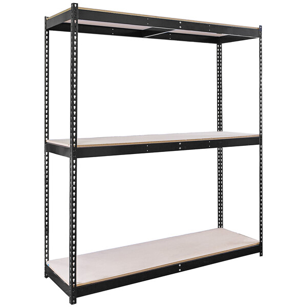 A black metal Hallowell boltless shelving unit with three shelves.
