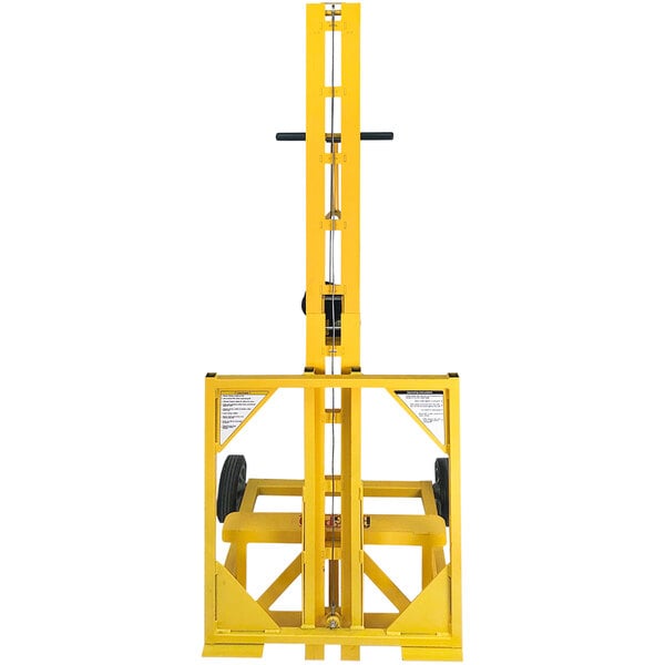 A yellow Paragon Panellift Hangpro vertical drywall lift with wheels.