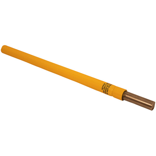 A yellow metal rod with black text.