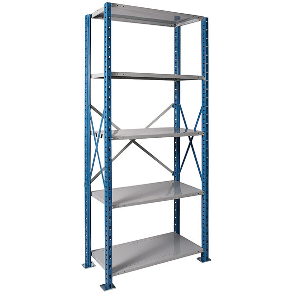 A blue metal Hallowell Hi-Tech boltless shelving unit with gray metal shelves.