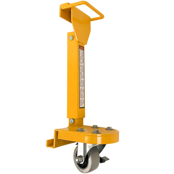 A yellow Paragon Pro Manufacturing Solutions Troll EZ Dumpster Dolly wheel.