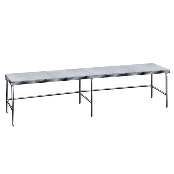 A long rectangular Advance Tabco poly top work table with a metal base.