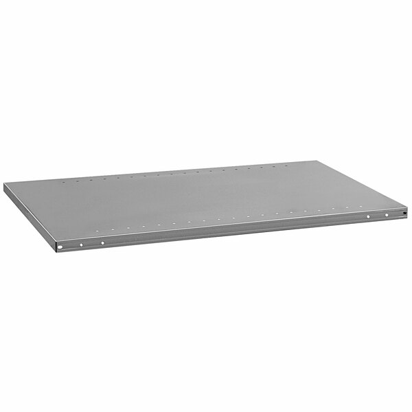 A gray metal Hallowell shelf with holes in a metal plate.