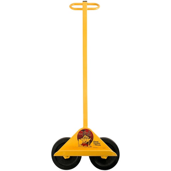 A yellow hand truck with black wheels.
