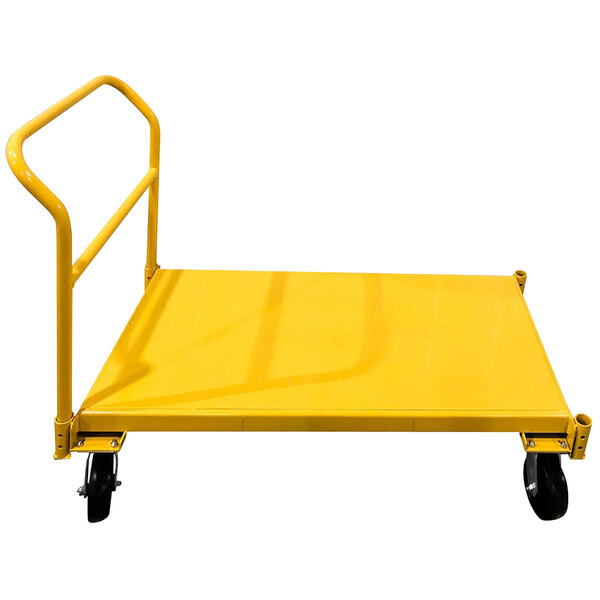 A yellow Paragon Pro Manufacturing Solutions troll platform truck with black wheels.