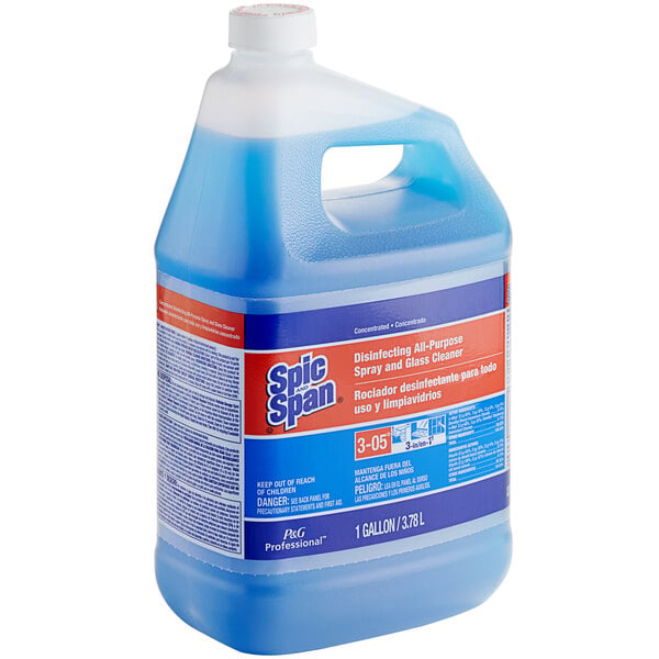 A blue bottle of Spic and Span disinfecting all-purpose cleaner concentrate with a blue and white label filled with blue liquid.