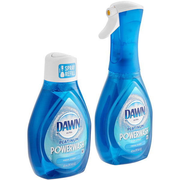 A blue and white bottle of Dawn Platinum Powerwash Dish Spray.