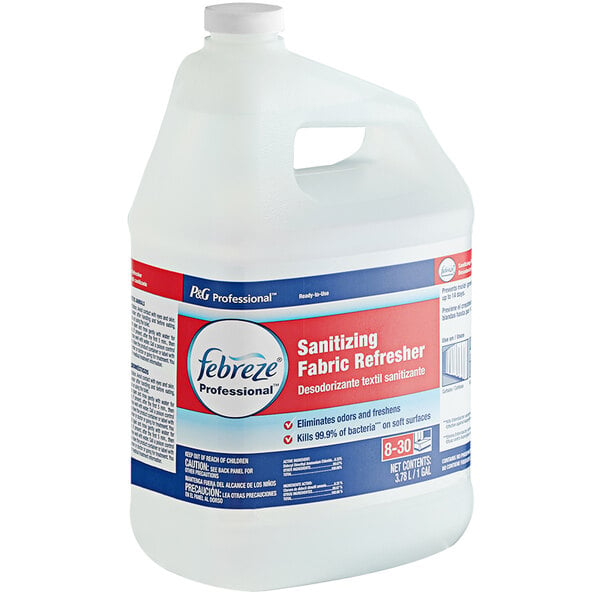 A white jug of Febreze Professional Sanitizing Fabric Refresher with a red and blue label.