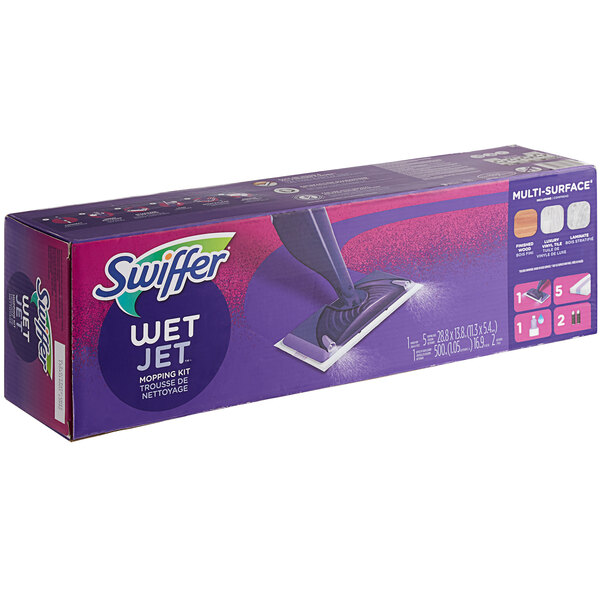 A purple Swiffer WetJet starter kit box with purple labels and a mop inside.