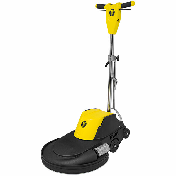 A yellow and black Tornado floor burnishing machine with a black handle.