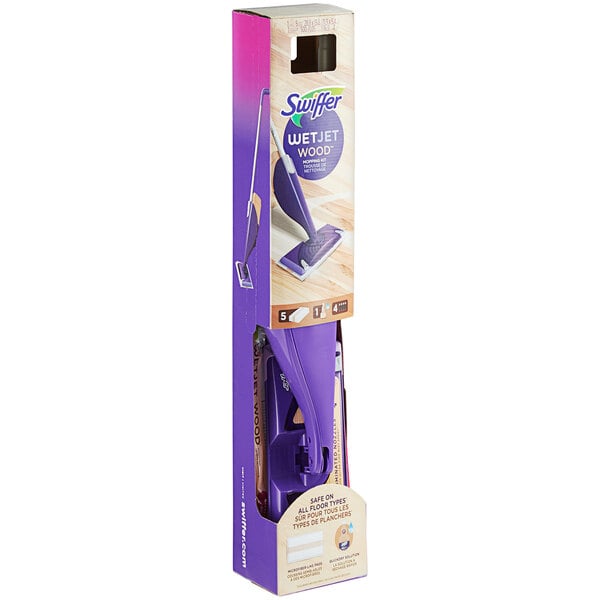 A Swiffer WetJet mop kit with a purple handle in a box.