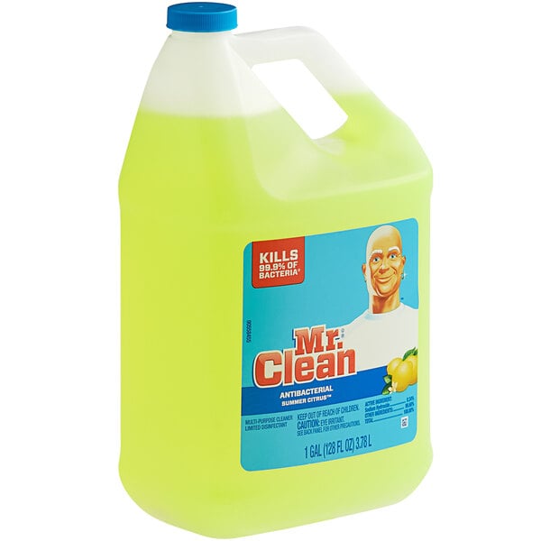 A green jug of Mr. Clean Home Pro Antibacterial Cleaner with a white lid and blue label.