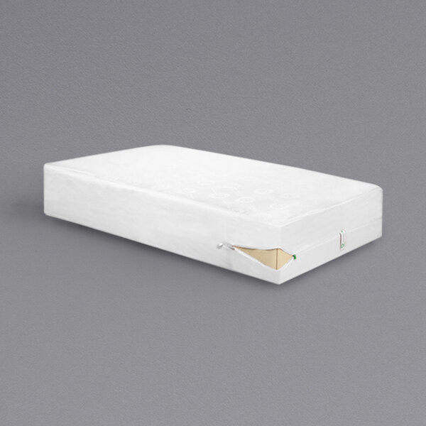 A white box spring encasement on a white mattress.