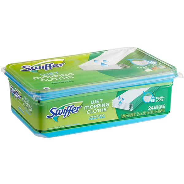 A plastic container of Swiffer Wet Mopping Pads with white and blue labels.
