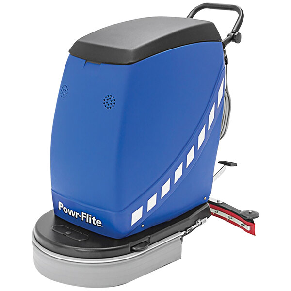 A blue and black Powr-Flite Predator walk behind floor scrubber with a handle.
