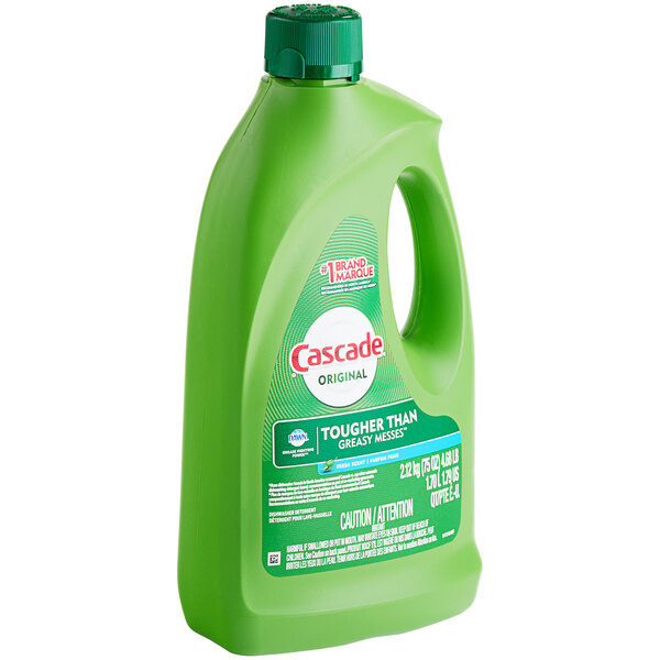 A green bottle of Cascade Complete liquid dishwasher detergent.