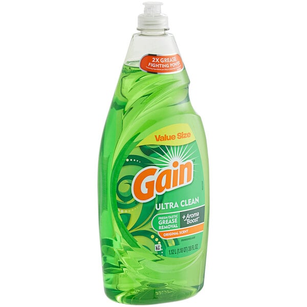A green bottle of Gain Ultra Clean dishwashing liquid with 38 oz. of Original liquid inside.