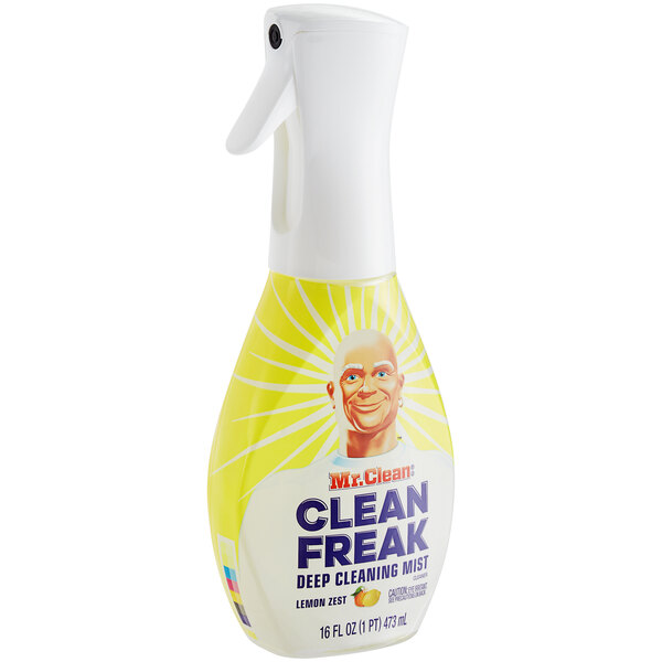 A yellow Mr. Clean Clean Freak spray bottle with a white cap.