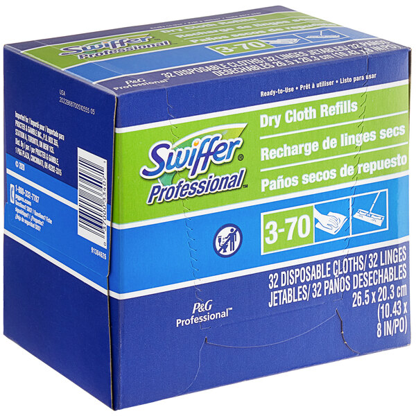 A blue and green Swiffer Professional box of 6 cases of white disposable dry sweeping cloths.