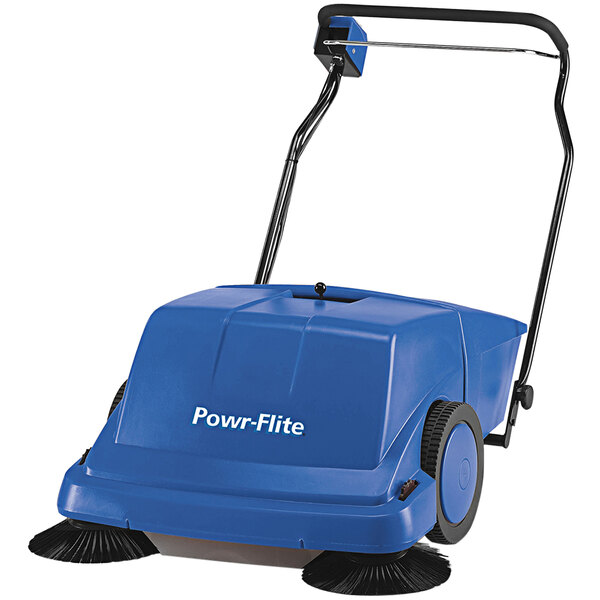 A blue Powr-Flite floor sweeper with a handle.