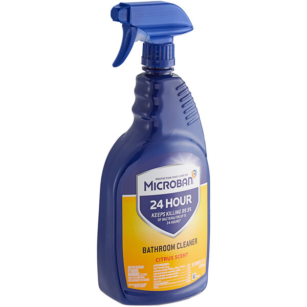 A blue Microban spray bottle with a yellow label.