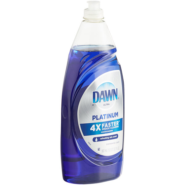 A blue bottle of Dawn Platinum Refreshing Rain dish soap.