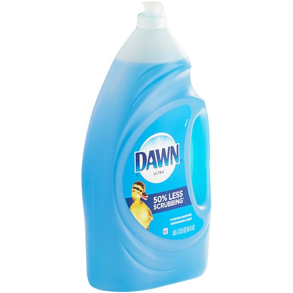 A blue container of Dawn Ultra Original dish soap with a yellow label.