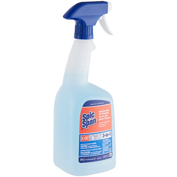 A Spic and Span spray bottle with a blue and white label.