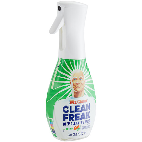 A green and white Mr. Clean spray bottle with a white cap.
